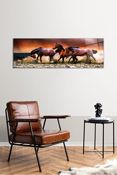 Vosevu Denizde Koşan At Sürüsü Panoramik Cam Tablo, Modern Ev ve Ofis Dekoru, Hediyelik Duvar Dekorasyonu