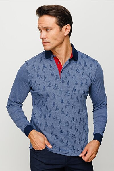 Desen Triko Чоловічий світло-синій світшот з коміром-поло та вітрильним принтом