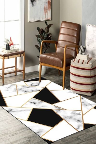 SÜNGERSAN Siyah Beyaz Mermer Desenli Geometrik Salon Halısı Yıkanabilir Halı....