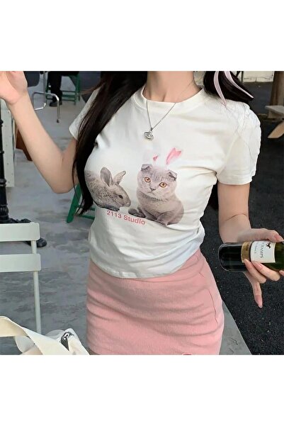 Le Savu Αρκουδάκι και γάτα με τύπωμα Λευκό Crop