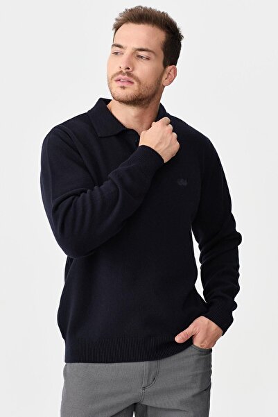 Desen Triko Men's Polo Collar Classic Wool Sweater Y.A Navy Blue