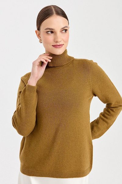 Desen Triko Women's Full Turtleneck Classic Wool Sweater O. Khaki