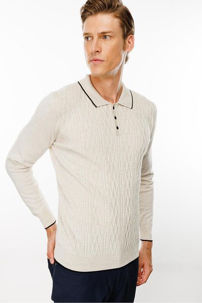 Desen Triko Ανδρικό πουλόβερ με γιακά πόλο V.Beige