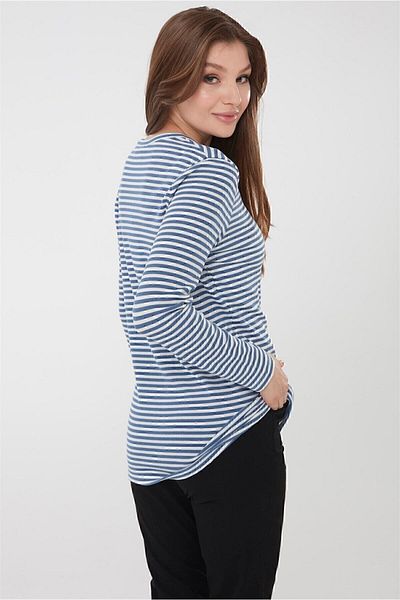 Desen Triko Cardigan cu dungi din bumbac pieptănat pentru damă, albastru