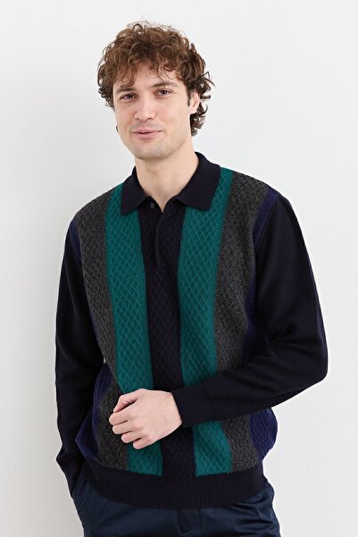 Desen Triko Чоловічий светр з напіврибальським коміром, кольоровий, з вовняної пряжі, темно-синій