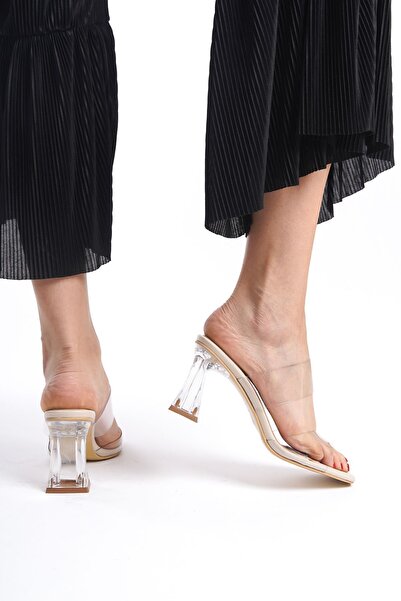 MARSEDO Esva Women's Beige Daily Heeled Slippers - Transparent Band, Blunt Toe