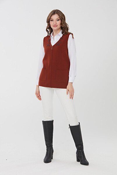 Desen Triko Women's V-Neck Embroidered Pocket Wool Vest Overcoat
