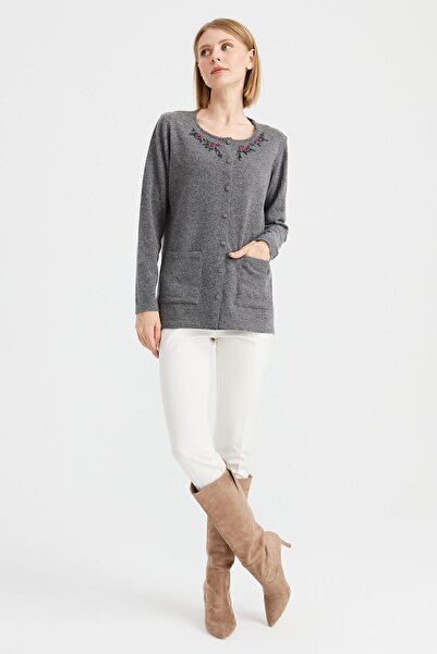 Desen Triko Women's Zero Collar Edge Lace Embroidered Wool Cardigan Smoked