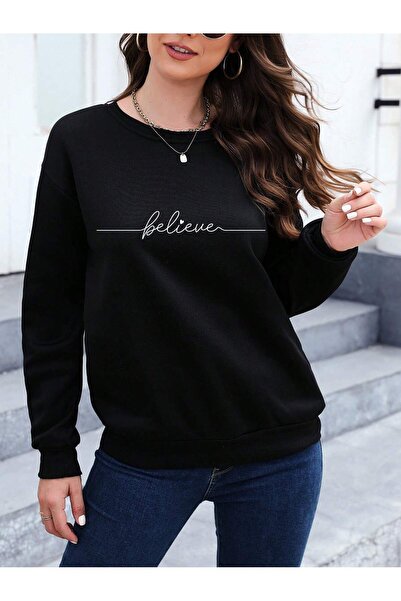 coolart Μπλούζα φούτερ Believe Μαύρη Oversize - Λαιμόκοψη πετσετέ, Με στάμπα