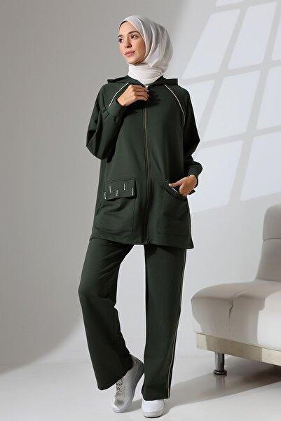 Mihran Butik Kadın Haki Yeşili Mevsimlik Penye Alt Üst Spor Ve Rahat Ikili Tunik Pantolon Şık Tesettür Takım