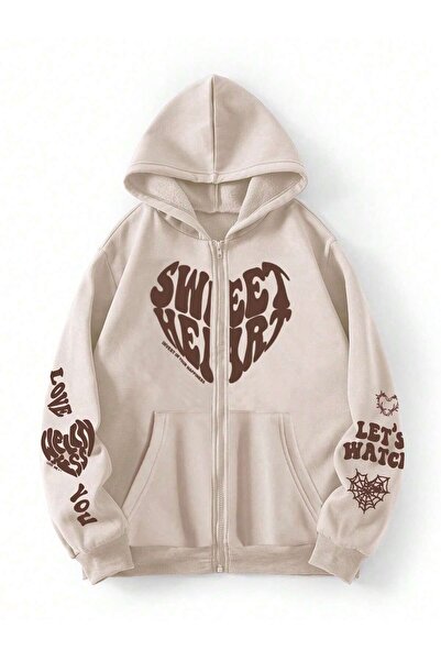 SeusCraft Beige Oversize Hooded Cardigan - Sweetheart Printed Winter Design