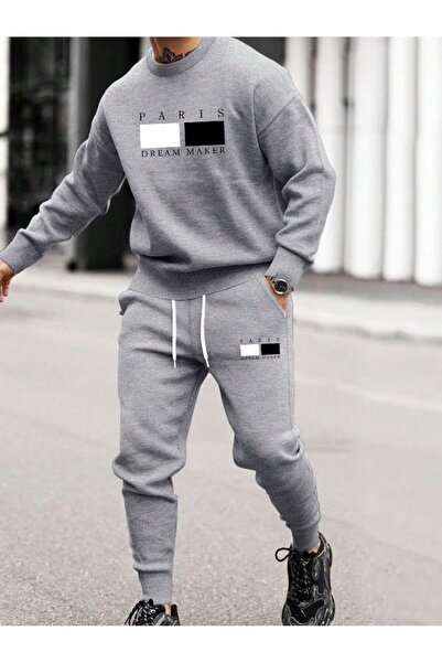SeusCraft سويت شيرت وJogger من Paris Dream Maker - طقم رياضي رمادي برقبة دائرية