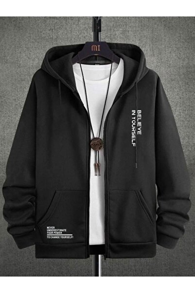 SeusCraft Μαύρη με τύπωμα oversized με κουκούλα Χειμερινή Ζακέτα - Με φερμουάρ