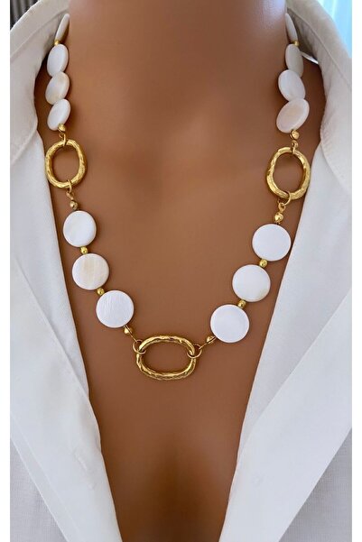 Natural Stone White Flat Stone 14 Mm Gold Plated Ring Custom Design Women Necklace Special Gift