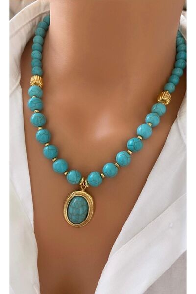 TARZ-I TAKI Doğal Taş Mavi Turkuaz Firuze Taşı Altın Kaplama Çerçeveli Taş Özel Tasarım Kadın Kolye
