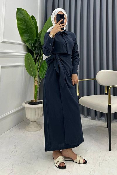 miqa butik فستان كتان باللون الأزرق الداكن - تنورة مربوطة