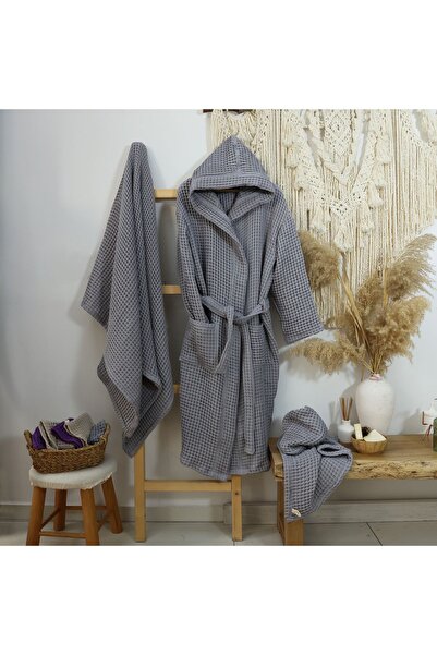 %100 Pamuk Waffle Bornoz Kapüşonlu Cepli Unisex Hızlı Kuruyan Banyo Sabahlığı