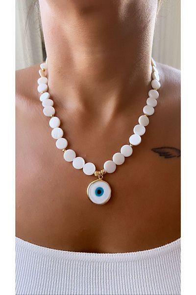 Trend Jewellery قلادة من الحجر الطبيعي مطلية بالذهب من السيراميك على شكل عين الشر هدية خاصة للنساء