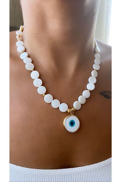 Trend Jewellery قلادة من الحجر الطبيعي مطلية بالذهب من السيراميك على شكل عين الشر هدية خاصة للنساء
