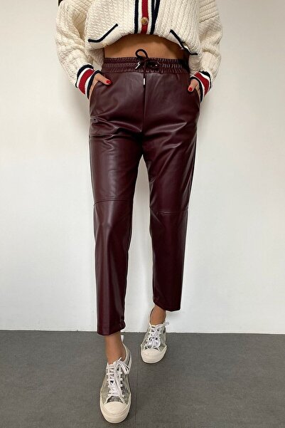 LOS FECHKA Δερμάτινο παντελόνι με ραμμένο κορδόνι και ελαστική μέση