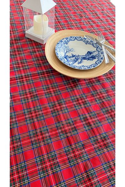 White Alamode Plaid Patterned Large Tablecloth