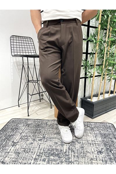 UTTBASİC Bitter Brown Pleated Baggy Fabric Trousers