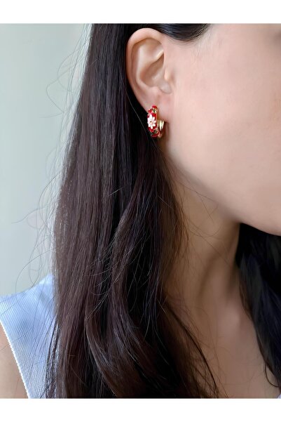 CanElif Accessories Zarif Vintage Tarzı Çiçek Motifli Mineli Halka Küpe (RENK ATMAZ / KARARMA YAPMAZ)