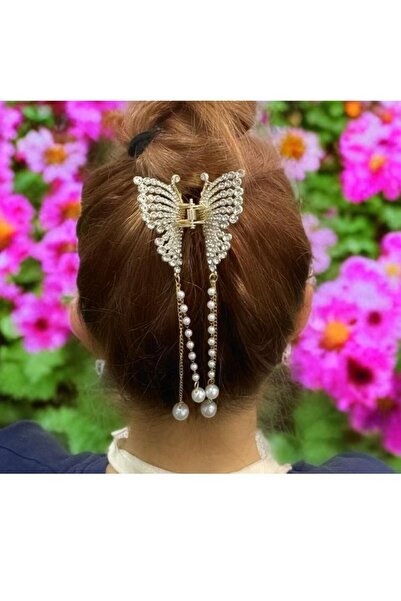 Arescollection Cataramă elegantă cu model fluture cu agățat de lanț și perlă ...