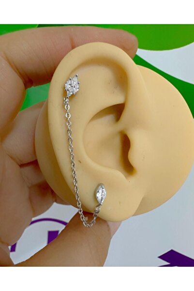 Arescollection Zirkon taşlı 1 adet zincir bağlantılı ikili kıkırdak kulak mem...