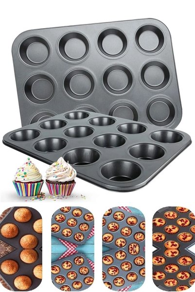 Berdina Home Muffin Kalıbı 12'li Kek Kurabiye Cupcake Muffin Kalıbı Fırın Kapsül Tepsisi Granit Kaplama Inox Gri