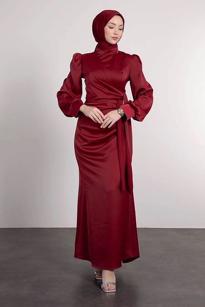 Suedcollection Satin Evening Dresses with Side Tie and Pleat Detail