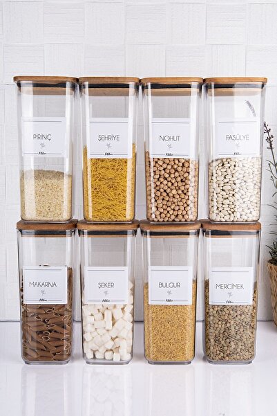 Home 8'lı Akrilik Mika 1700 ml Etiketli Ahşap Kapaklı Bakliyat Seti Saklama K...