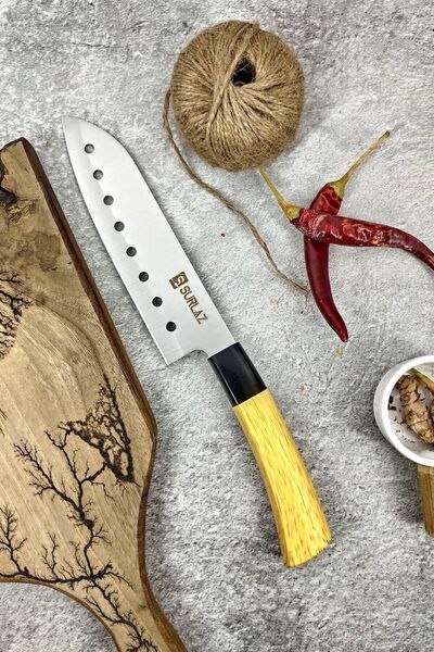 SürLaz Eğri Oluklu Santoku Ahşap Saplı Şef Bıçağı- Paslanmaz Çelik
