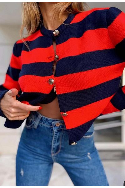 charm butik Striped Crew Neck Women's Crop Cardigan