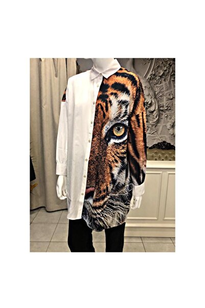 Butik Leopar Detaylı Uzun Beyaz Gömlek