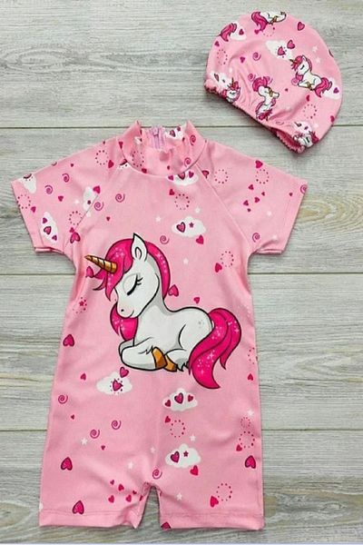PODİUM GİYİM New Season Kids Girls Unicorn Printed Bonneted Quick Dry Swimsuit Set