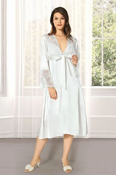 BC Bonnie&Clyde Women's Ecru Satin Dowry Set 6 Piece Lace Dressing Gown Nightgown Pajamas Set with Shorts