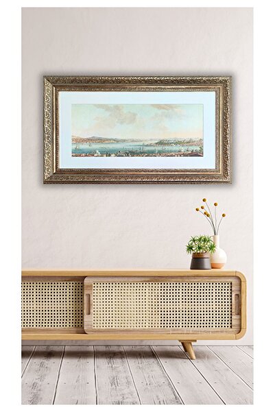 Tuğra Sanat Galerisi Istanbul Manzara Tıpkı Basım Işlemeli Altın Çerçeveli Dekoratif Tablo. Camlı 60x40 Cm Ve 80x50 Cm