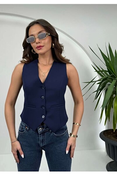 ASM Fashion Короткий жіночий жилет з V-подібним вирізом - тканий, облягаючий фігуру