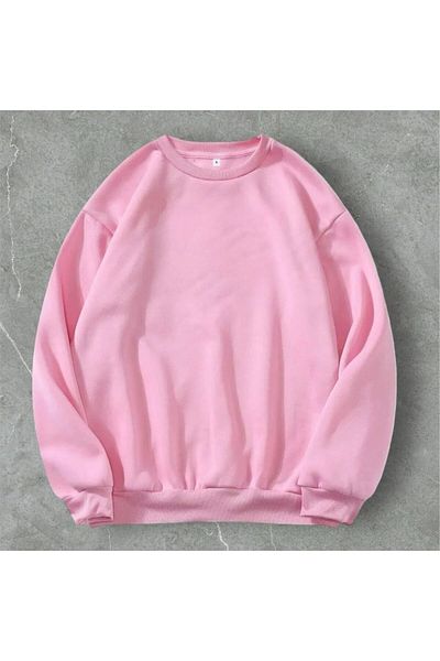 Butik Λευκό φούτερ με 3 κλωστές ροζ Unisex Crew Neck