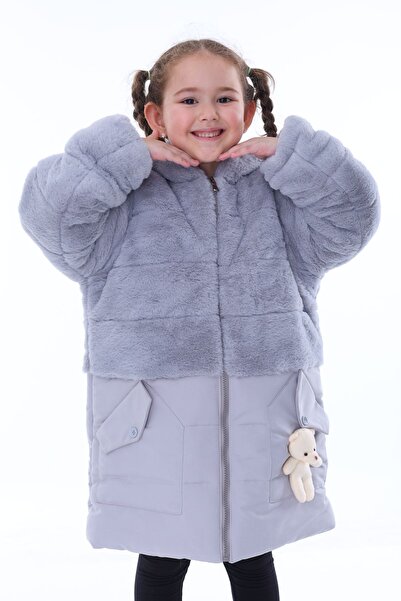 ÖFİ Kids Kız Çocuk Ayıcıklı Şişme Çıkarılabilen Toskana Kürklü Kapüşonlu Su G...