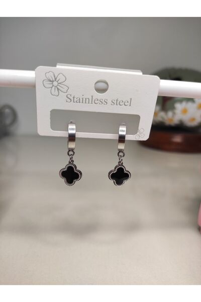 staınless steel Siyah Yonca Model Zirkon Taşlı Gümüş Renk Çelik Küpe