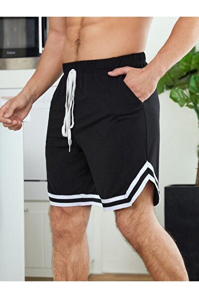 DEEPSENCE Erkek Siyah Penye Kumaş Şeritli Şort Slımfit Kalıp