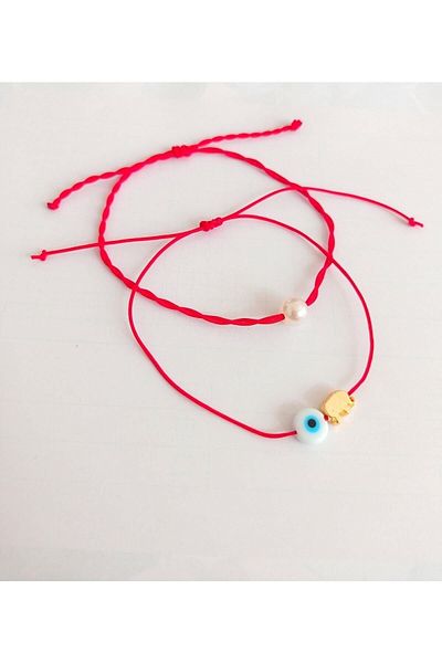 Lal 2-Piece Pearl Evil Eye Bead Elephant Figured Anklet