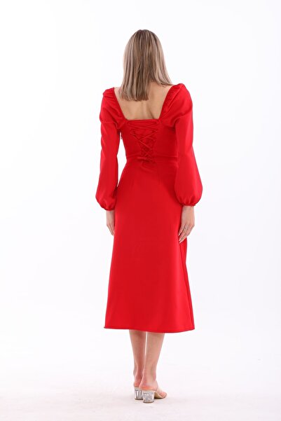 OlaLady Princess Sleeves Back Yarn Detailed Square Collar Invitation Dress Wedding Dress