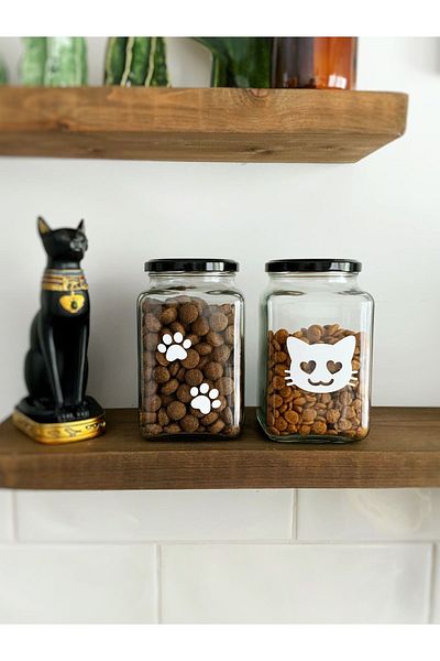 Atölye Merdiven 1000 Cc Glass Food Jar - 2-piece Cat and Paw Figure, Dog and Bird Pet Food Jar