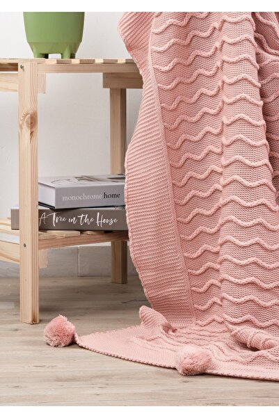 YGT Home 10 Ponpon Dilli Triko Örgülü Tv Battaniyesi Pudra | 130x170 Bacak Şalı-koltuk Şalı ve Dekoru