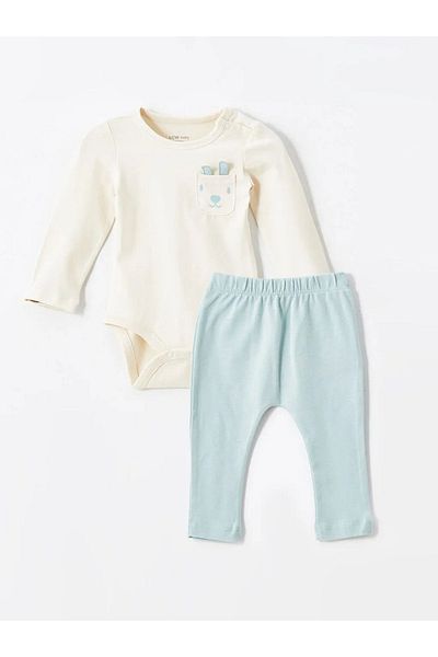 LC Waikiki Lcw Baby Light Beige Crew Neck Printed Body and Pants 2 Pieces Set for Baby Boy