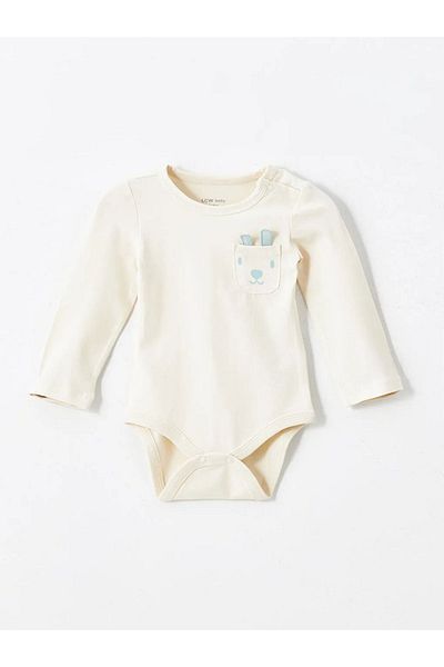 LC Waikiki Lcw Baby Light Beige Crew Neck Printed Body and Pants 2 Pieces Set for Baby Boy