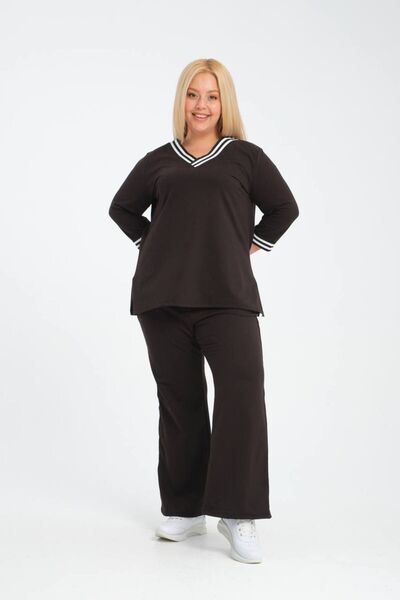 garajmood Black Stripe Detailed Long Sleeve Comfortable Sports Large Size Women's Tracksuit Set